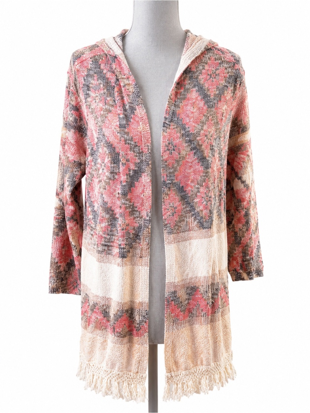 Mauve Aztec Hooded Cardigan Fringe Hem Boho Southwestern Open Front Sweater L